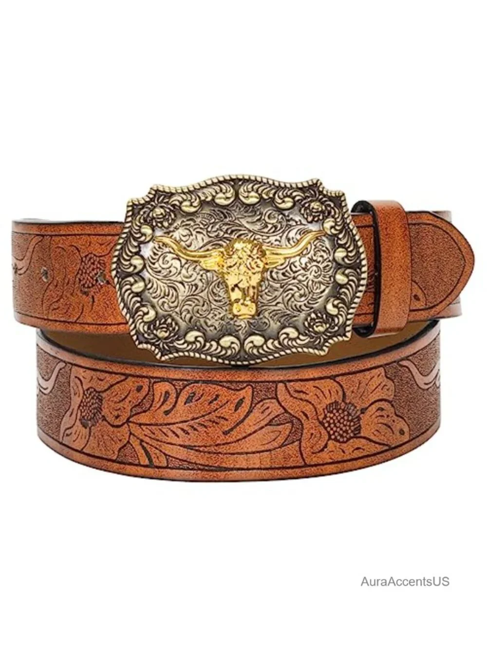 Women PU-Leather Cowboy Belt Embossed Floral Buckle Western Belts Unisex